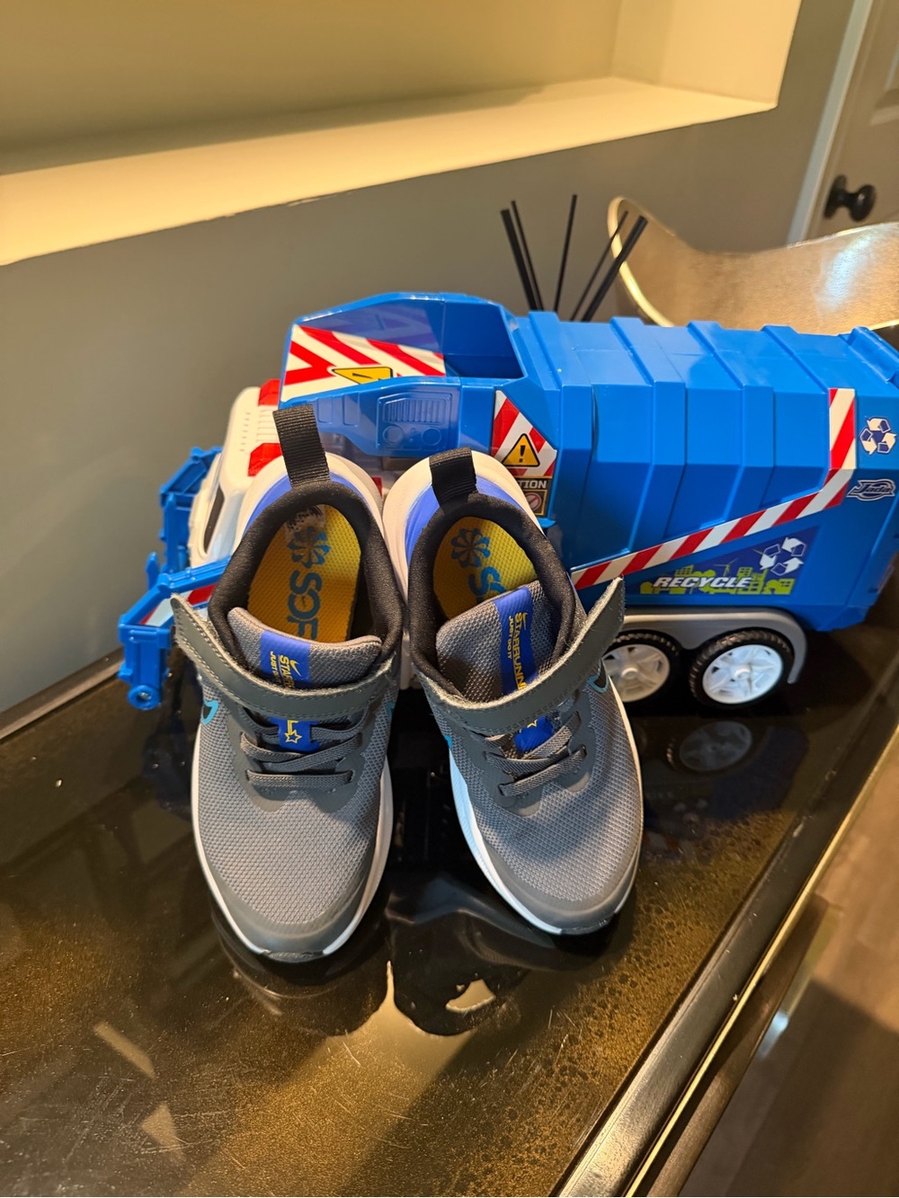 Grey and Blue Kids Nike Sneakers with Hook-and-Loop Strap